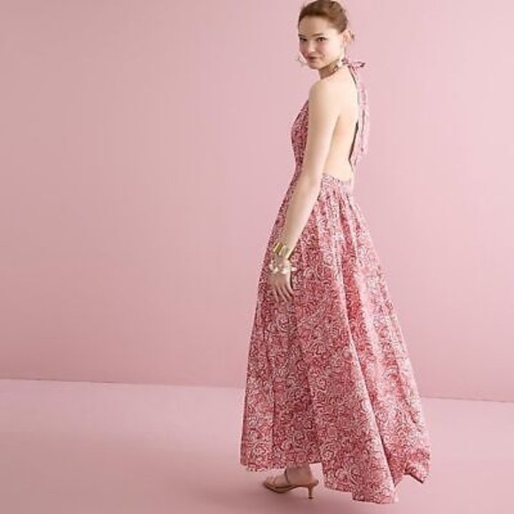 J. Crew Dresses & Skirts - J Crew Collection Halter-neck Cotton Poplin Maxi Dress Open Back in Pink Paisley